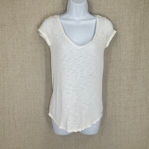 Aerie T-Shirt Womens XS White Cotton V-Neck Slub Curved Hem Minimalist